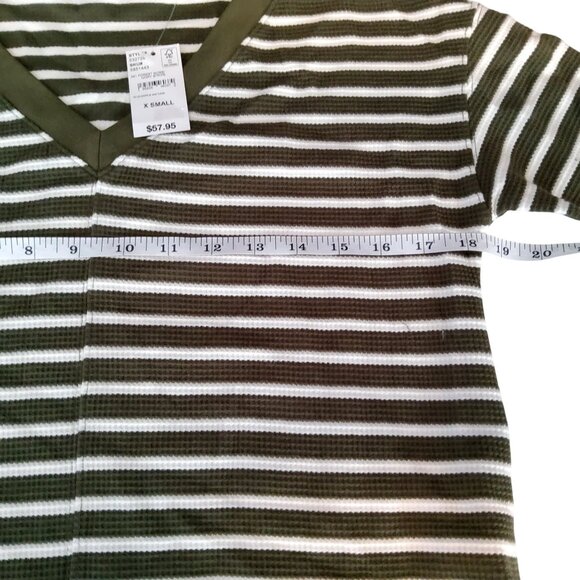 Lands End Womens XS Forest Moss & Ivory Stripe V-Neck Waffle Knit Tunic - Picture 4 of 9